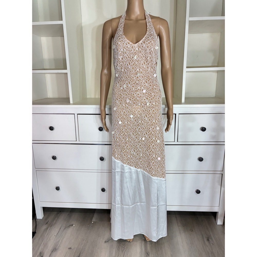 12th Tribe Lace Anastasia Pearl Halter Maxi Dress Women Small White Tan Sequin